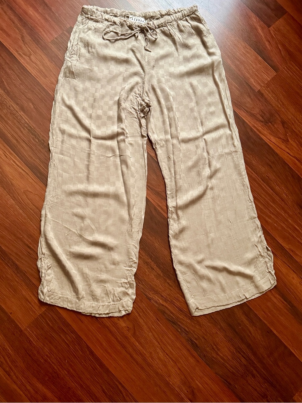 LACAUSA Beige Checkerboard Jacquard Wide Leg Pants S High Waist Relaxed NWOT